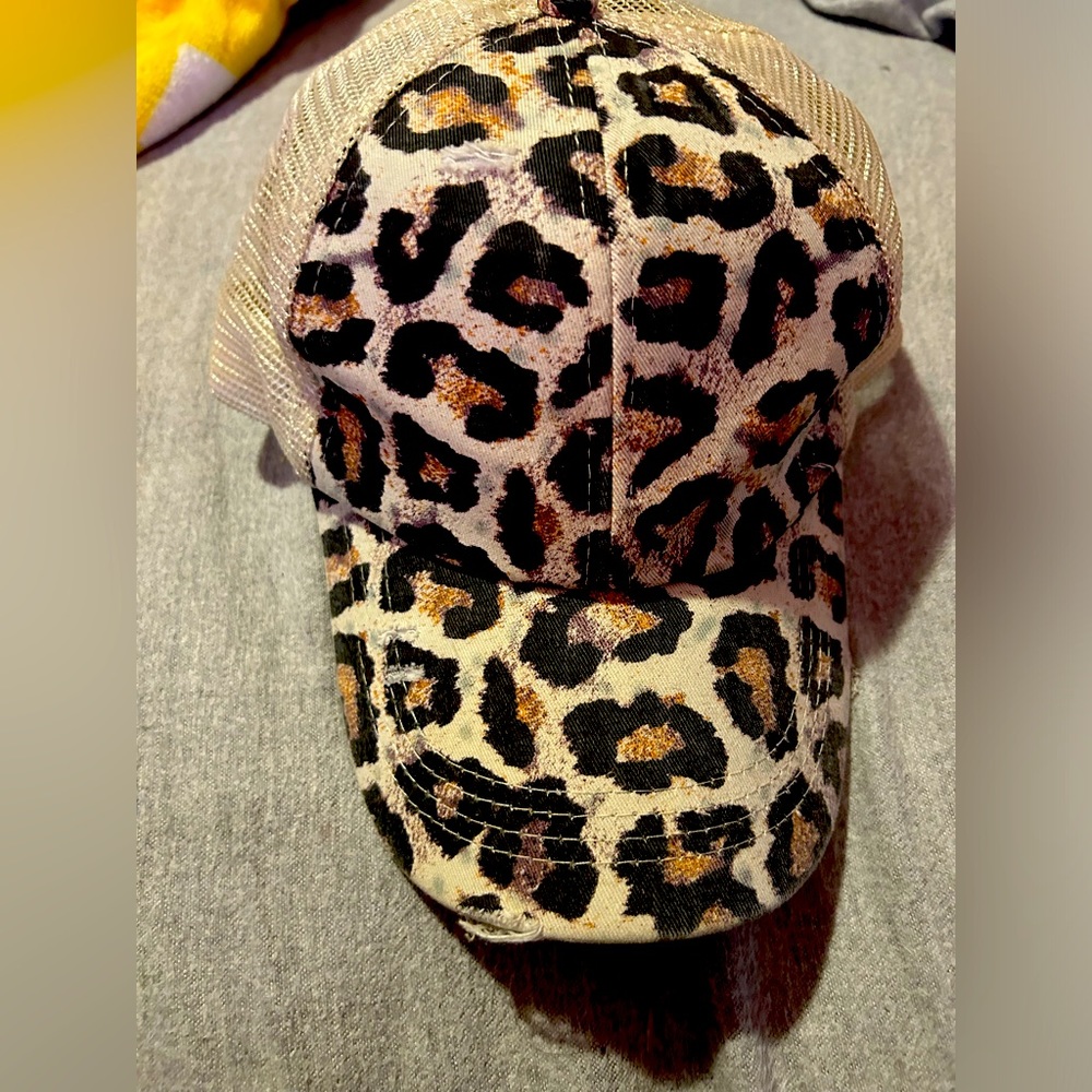 Leopard baseball hat with ponytail holder